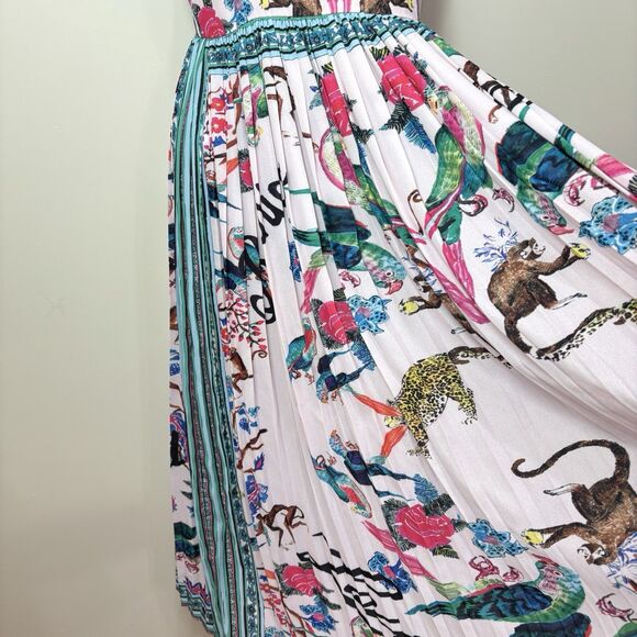 H&M Pink Pleated Jungle Print Midi Dress 6 Strappy Lace Up Back Tropical Animals - Picture 4 of 12